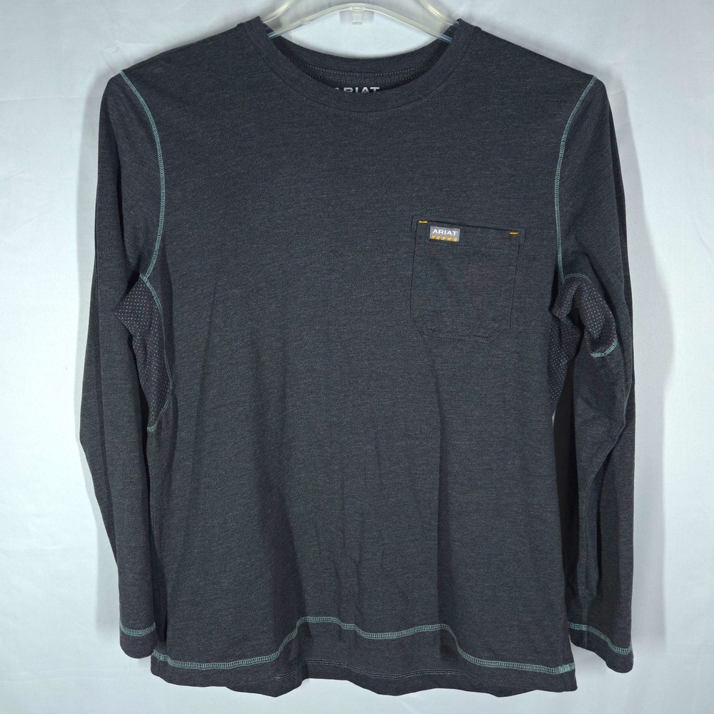 Ariat Rebar Workman Logo Long Sleeve Crew Neck Pocket T-Shirt Mens L Gray